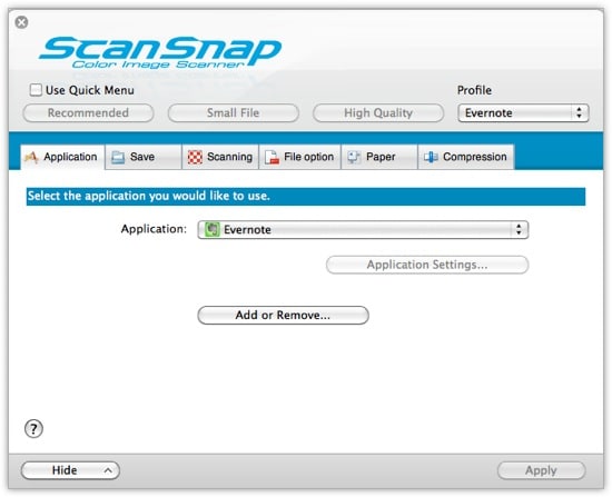 ScanSnap Settings - Tab 1